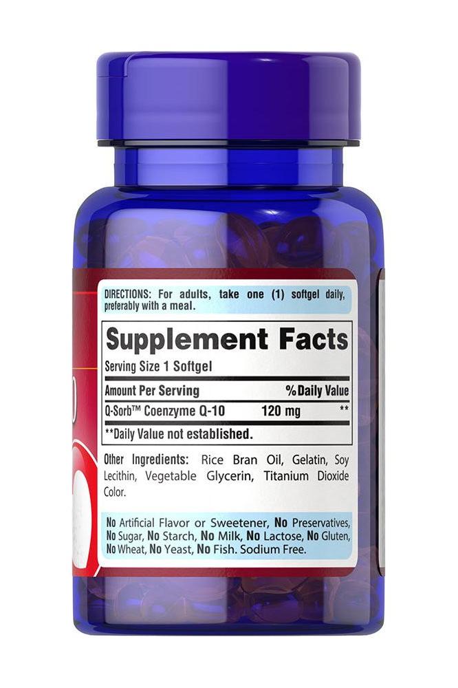 Puritan's Pride Q-SORB Co Q-10 120 mg softgels bottle with supplement facts label