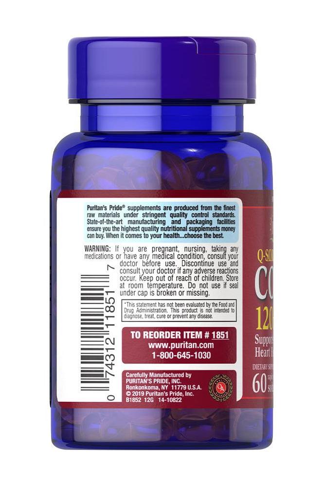 Puritan's Pride Q-SORB Co Q-10 120 mg softgel bottle, supports heart health and energy production, 60 softgels.