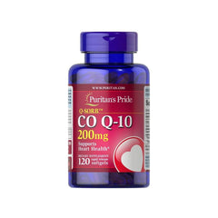 Puritan's Pride Q-Sorb Co Q-10 200 mg supplement bottle promoting heart health in a blue container.