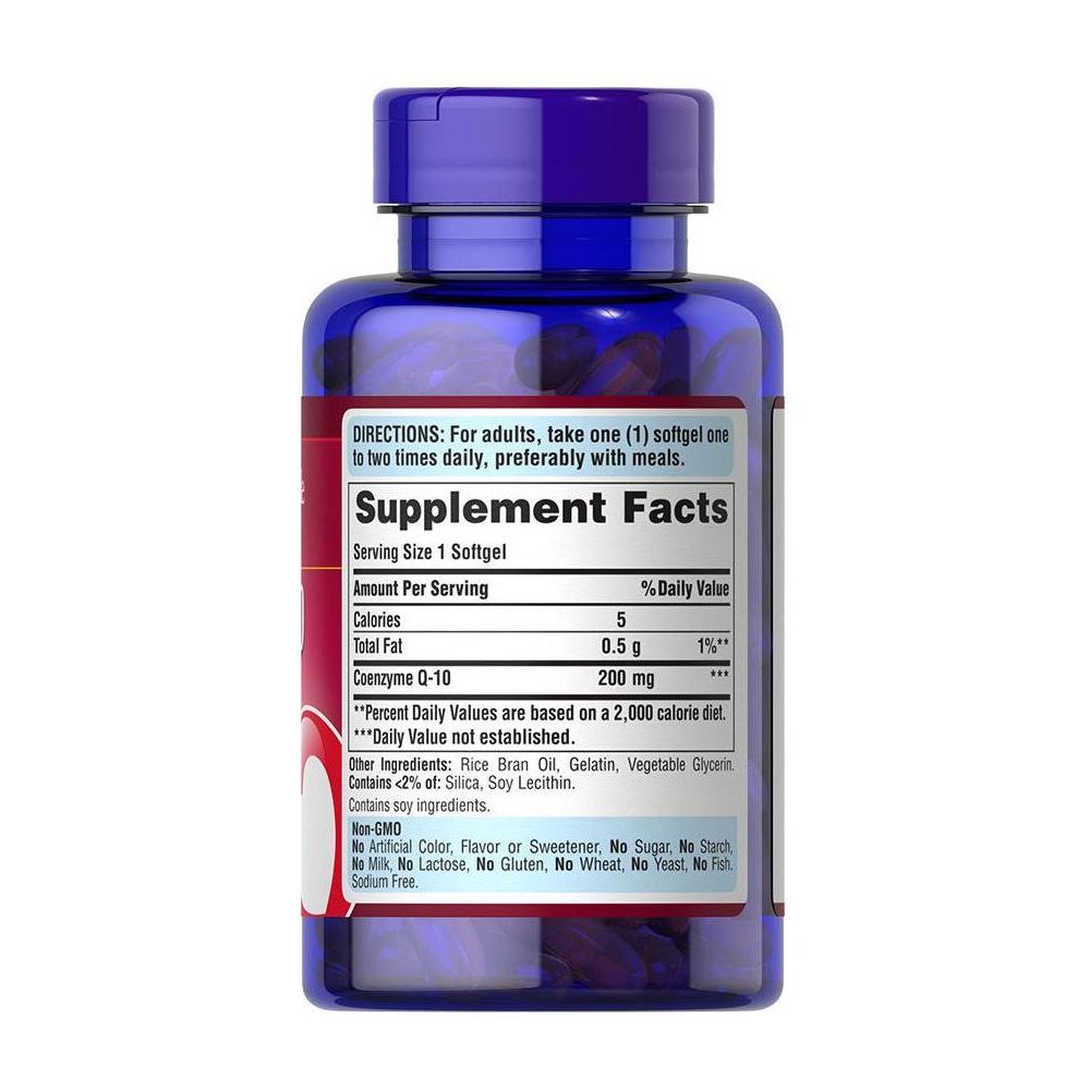 Puritan's Pride Q-Sorb Co Q-10 200 mg supplement bottle with nutrition facts panel and serving directions.