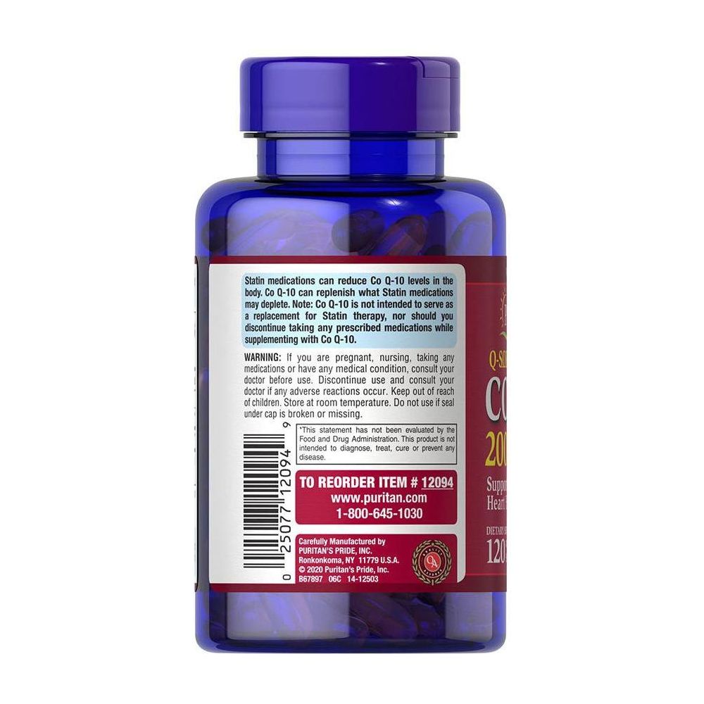 Puritan's Pride Q-Sorb Co Q-10 200 mg supplement bottle, supports heart health and energy production.