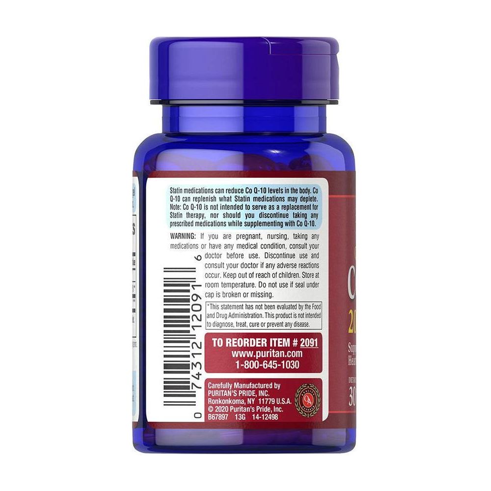 Puritan's Pride Q-Sorb CO Q-10 200 mg supplement bottle, highlighting benefits for heart health and energy production.