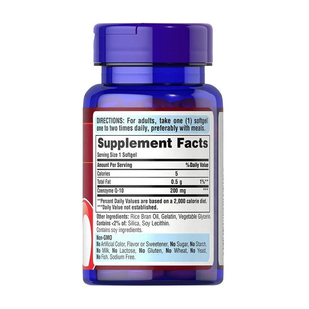 Puritan's Pride Q-Sorb Co Q-10 200 mg supplement bottle with nutrition label and serving instructions.