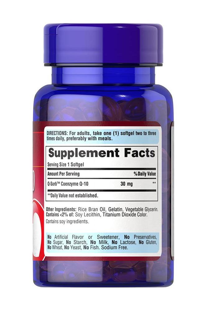Puritan's Pride Q-SORB Co Q-10 30 mg supplement bottle with nutrition label and dosage instructions.
