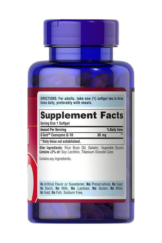 Puritan's Pride Q-SORB Co Q-10 30 mg supplement bottle with supplement facts and directions.