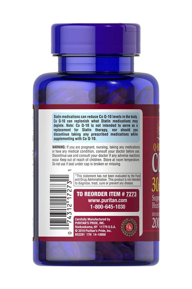 Puritan's Pride Q-SORB Co Q-10 30 mg bottle, supports heart health and energy production with antioxidant support.