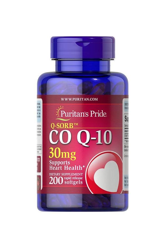 Puritan's Pride Q-SORB Co Q-10 30 mg supplement bottle promotes heart health and energy production.