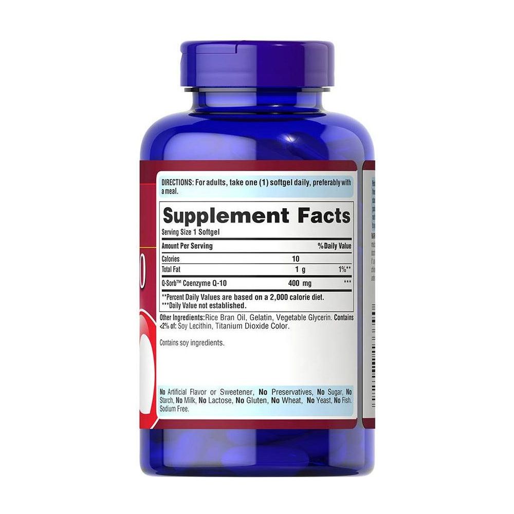 Puritan's Pride Q-Sorb CO Q-10 400 mg supplement facts label on a blue bottle.