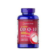 Puritan's Pride Q-Sorb CO Q-10 400 mg supplement bottle, supports heart health, 120 softgels.