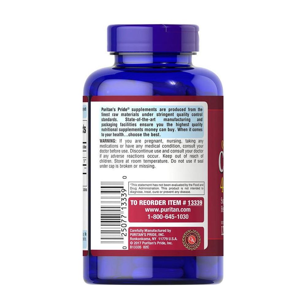 Puritan's Pride Q-Sorb Co Q-10 400 mg supplement bottle back label and dosage instructions.