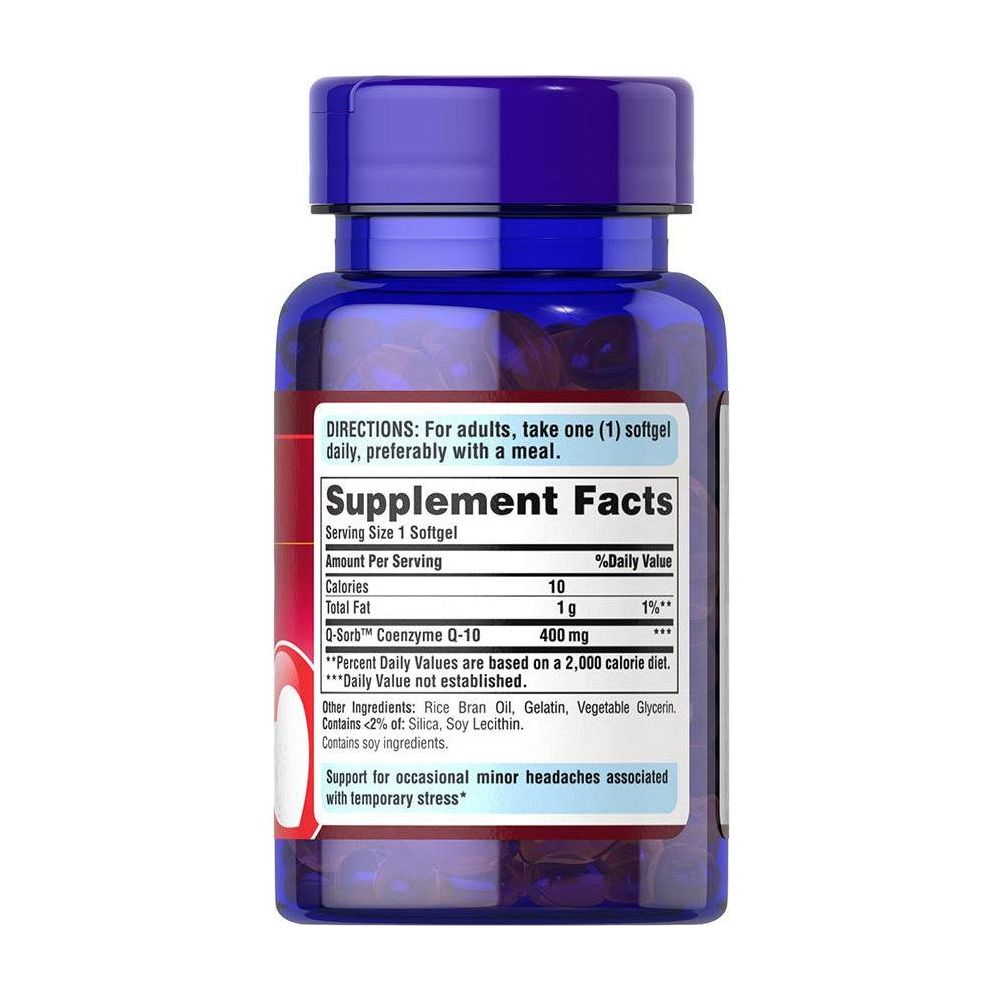 Puritan's Pride Q-Sorb CO Q-10 400 mg supplement bottle with dosage instructions and nutritional facts.