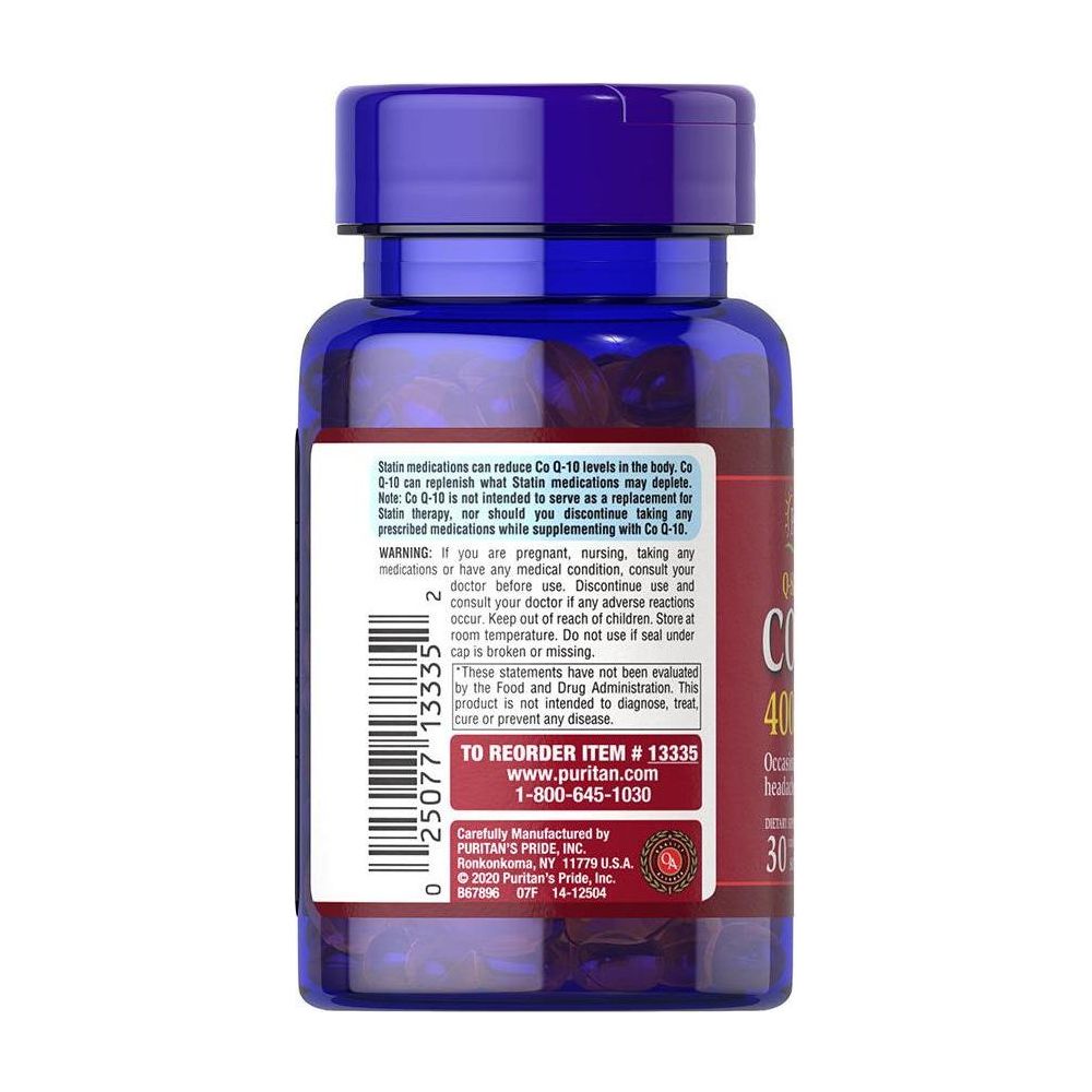 Puritan's Pride Q-Sorb CO Q-10 400 mg supplement bottle with label details and blue cap.