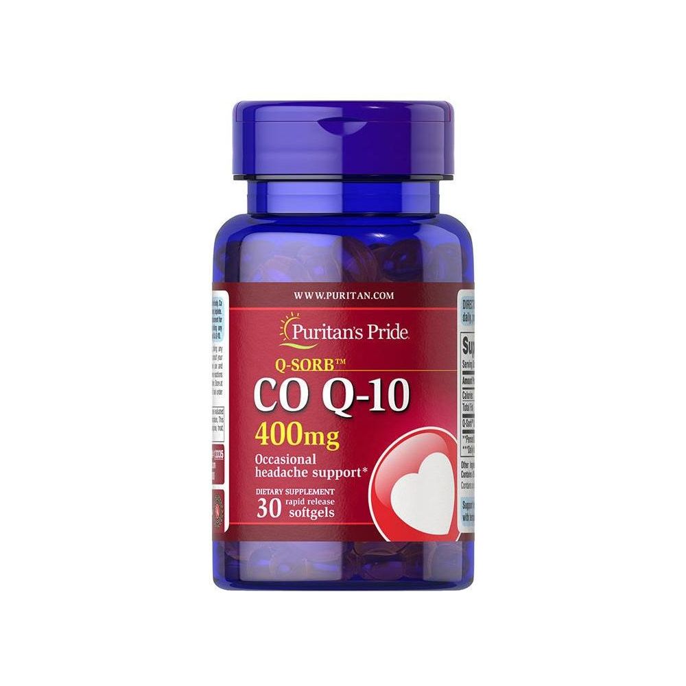 Puritan's Pride Q-Sorb CO Q-10 400 mg supplement bottle, 30 softgels for antioxidant support.
