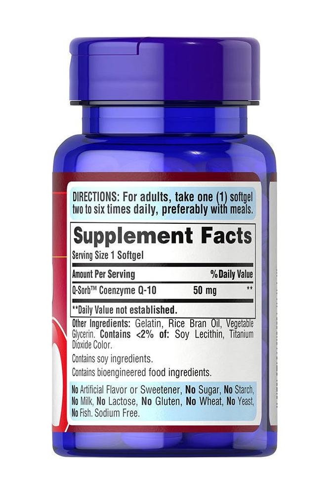 Bottle of Puritan's Pride Q-SORB Co Q-10 50 mg softgels with supplement facts label.