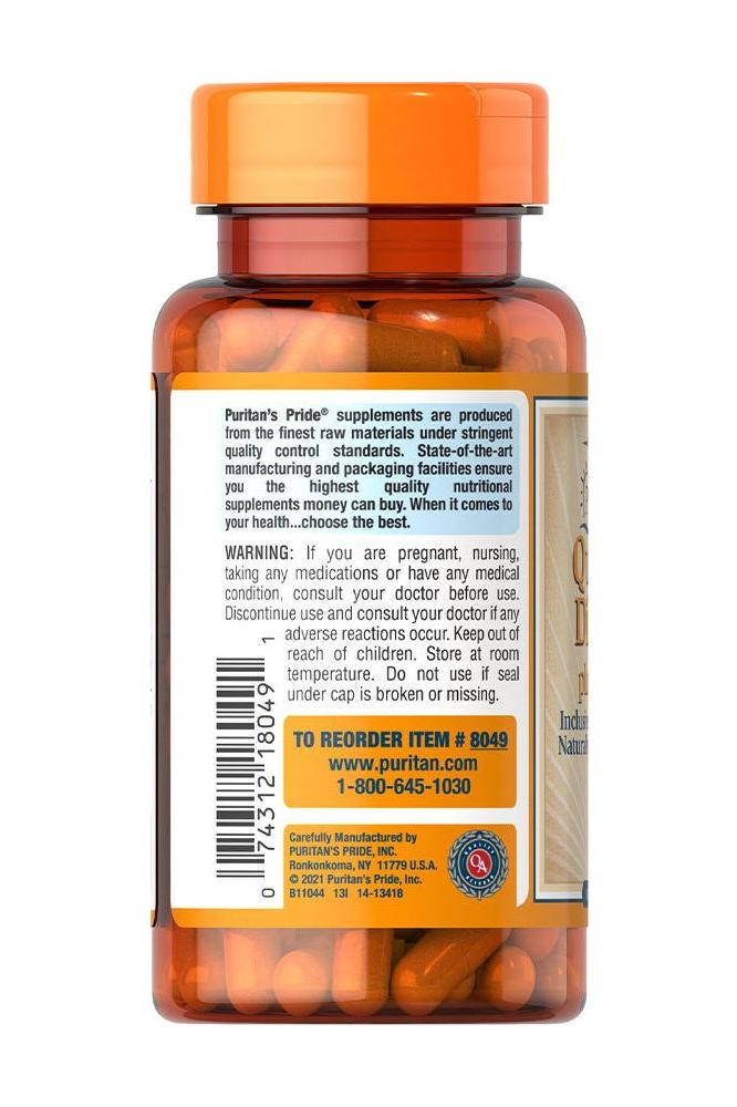 Puritan's Pride Quercetin Dihydrate Plus Vitamin C supplement bottle with label and capsules visible.