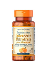 Puritan's Pride Quercetin Dihydrate plus Vitamin C supplement bottle with 50 rapid release capsules