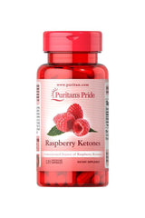 Puritan's Pride Raspberry Ketones 100 mg supplement bottle with 120 caplets for weight loss and metabolism support.