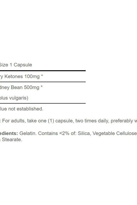 Supplement facts for Puritan's Pride Raspberry Ketones and White Kidney Bean 600mg Complex capsules.