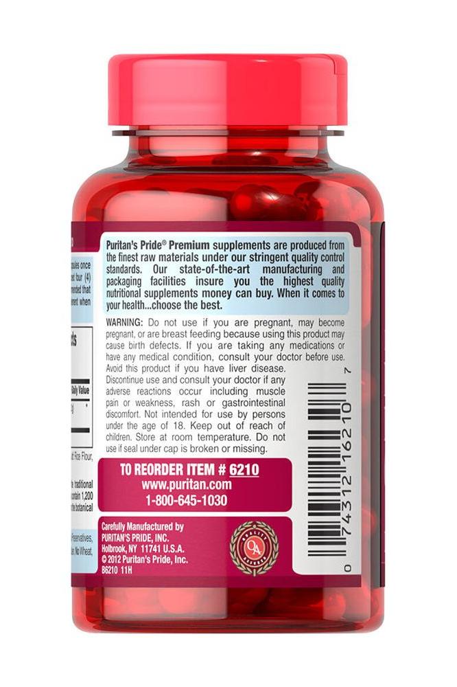 Puritan's Pride Red Yeast Rice 600 mg supplement bottle, highlighting quality assurance and natural ingredients.