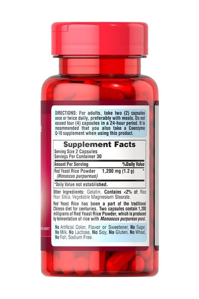 Puritan's Pride Red Yeast Rice 600 mg supplement bottle with ingredient details and health benefits.