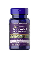 Puritan's Pride Resveratrol 100 mg & Pycnogenol 30 mg supplement bottle for healthy aging support.