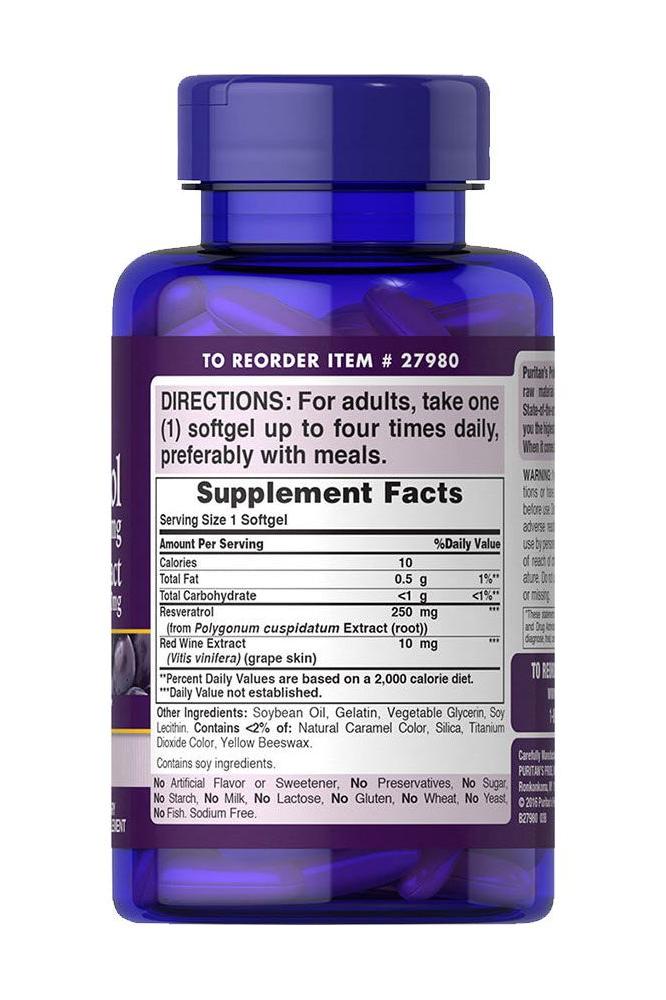 Puritan's Pride Resveratrol supplement bottle showing directions and nutritional facts.