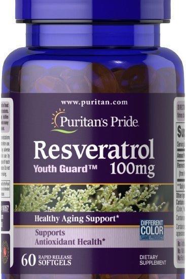 Puritan's Pride Resveratrol supplement bottle, 100mg, supports healthy aging and antioxidant health.