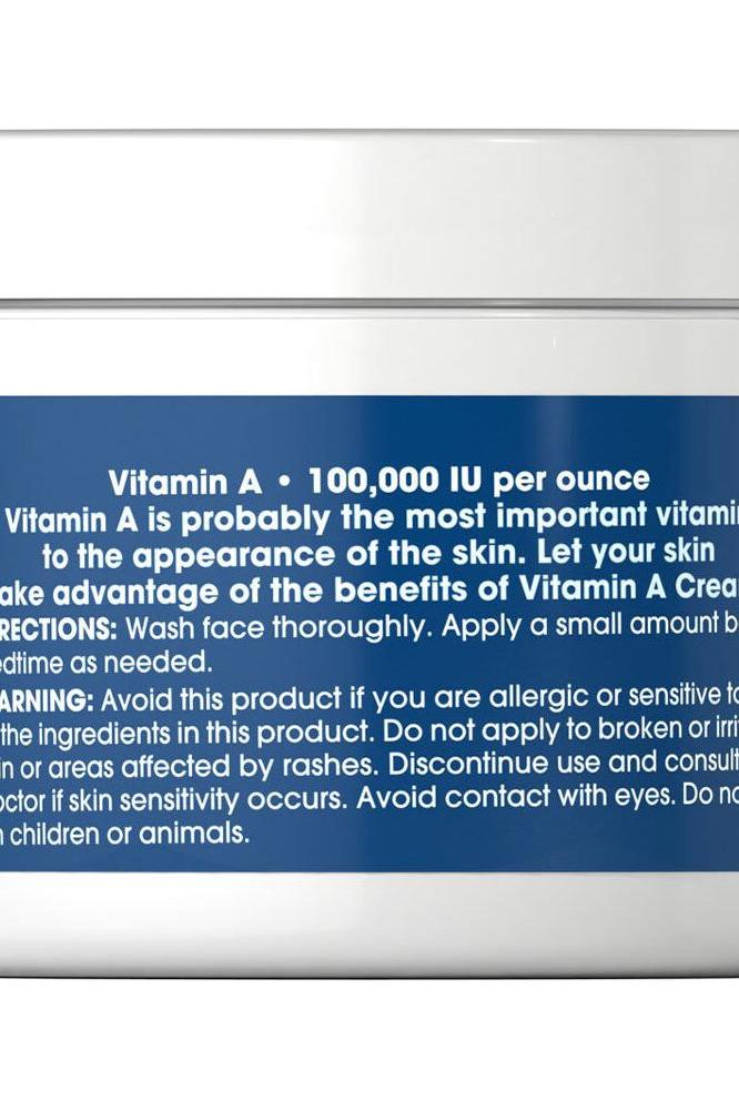 Puritan's Pride Retinol Cream label featuring Vitamin A 100,000 IU per ounce and usage directions.