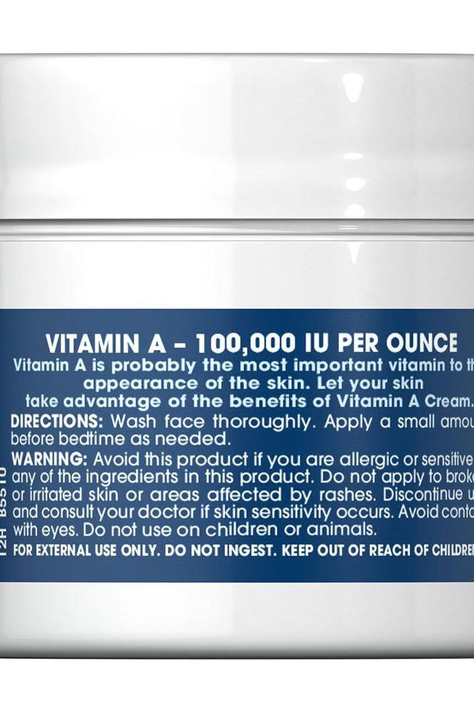 Puritan's Pride Retinol Cream label featuring Vitamin A 100,000 IU per ounce and usage directions.