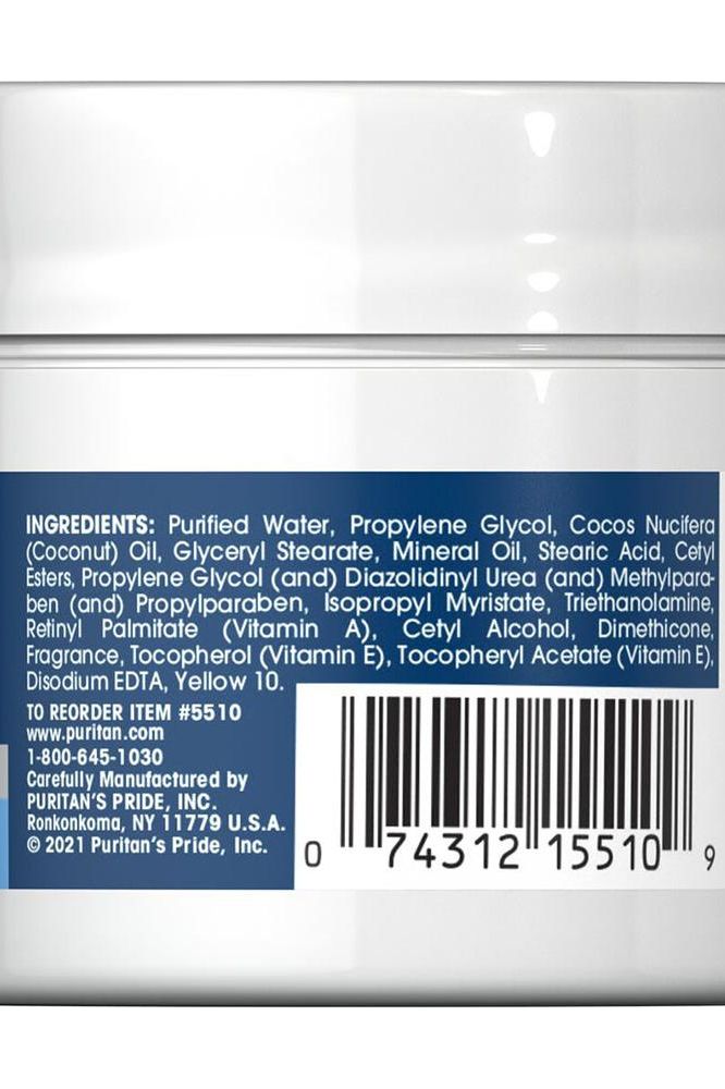 Ingredient list for Puritan's Pride Retinol Cream, highlighting key components like Vitamin A and moisturizing agents.
