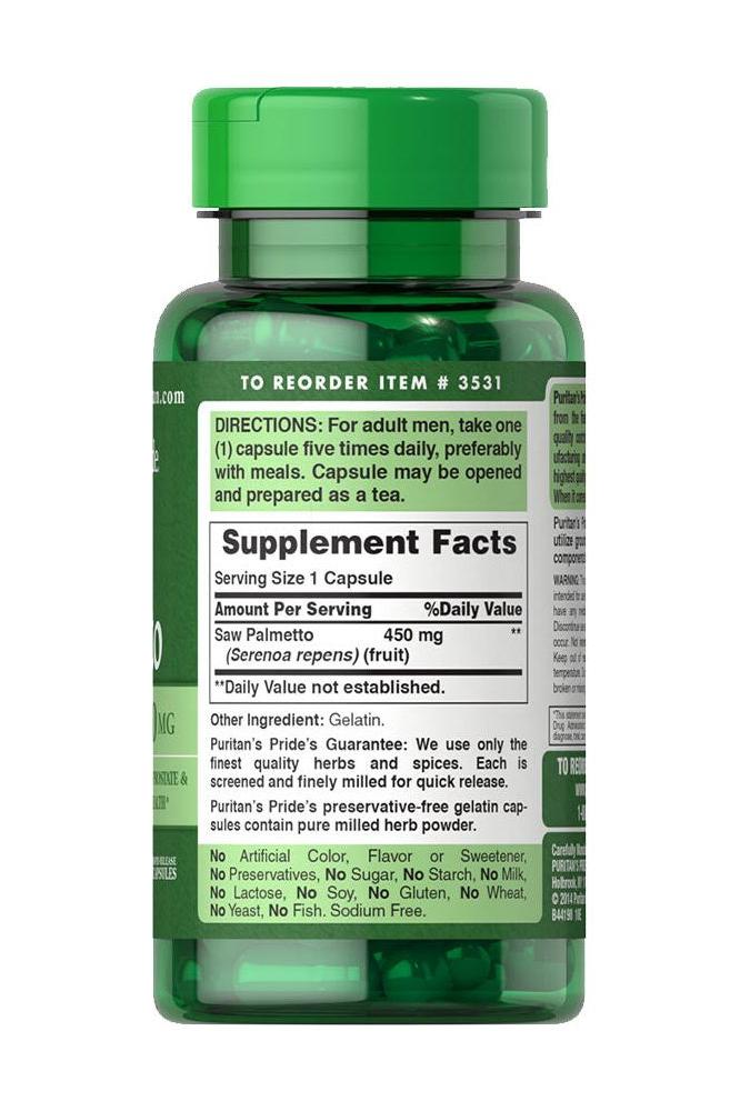 Puritan's Pride Saw Palmetto 450 mg supplement bottle with information and directions.