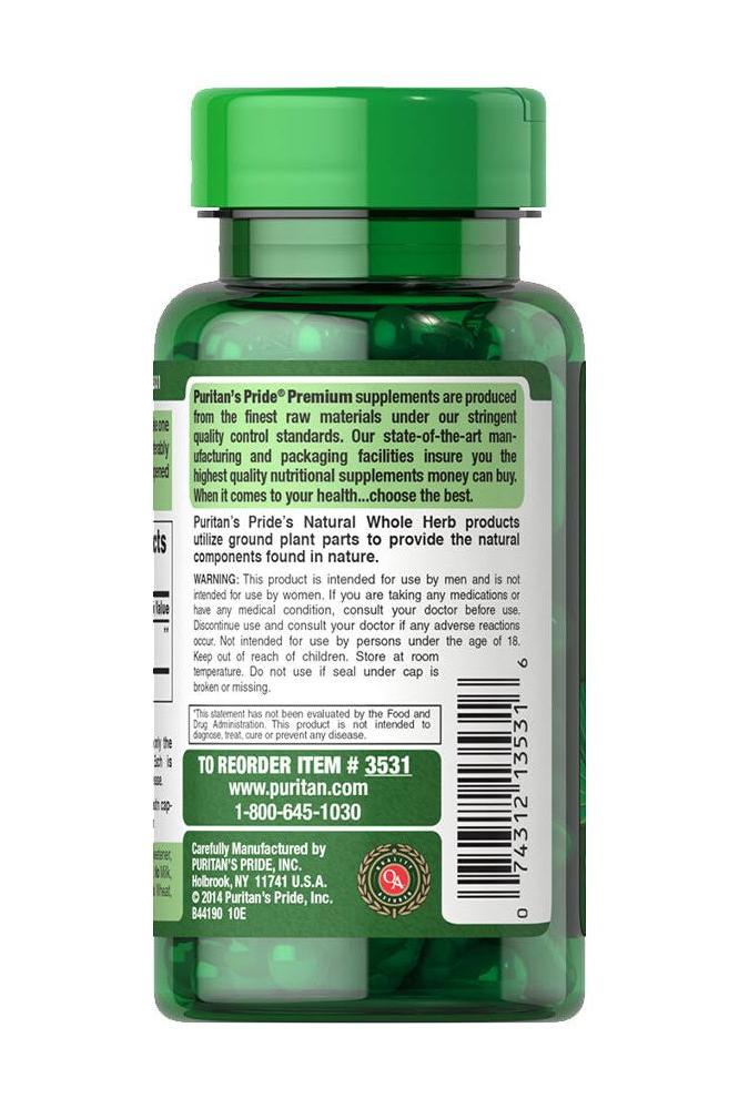 Puritan's Pride Saw Palmetto 450 mg capsules bottle back view with nutritional information.