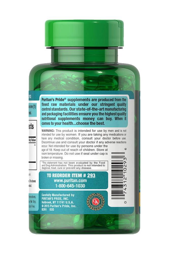 Puritan's Pride Saw Palmetto standardized extract 320 mg softgels supplement bottle, side view.