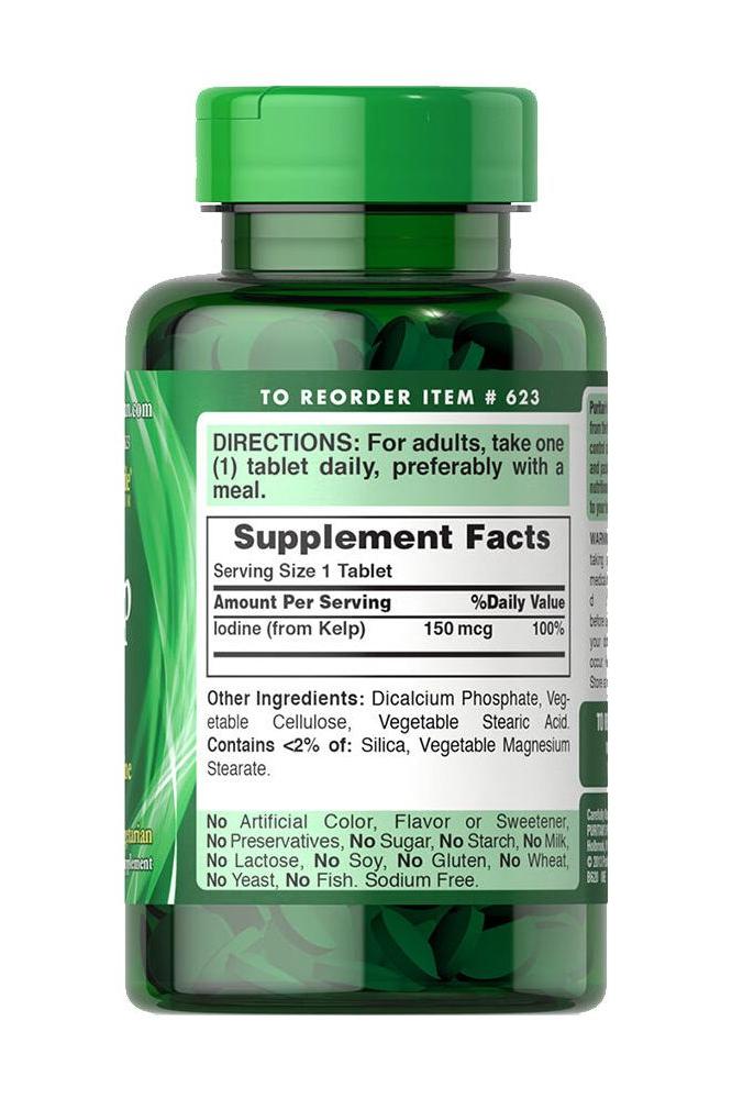 Puritan's Pride Sea Kelp 150 mcg supplement bottle, providing essential iodine from natural kelp.
