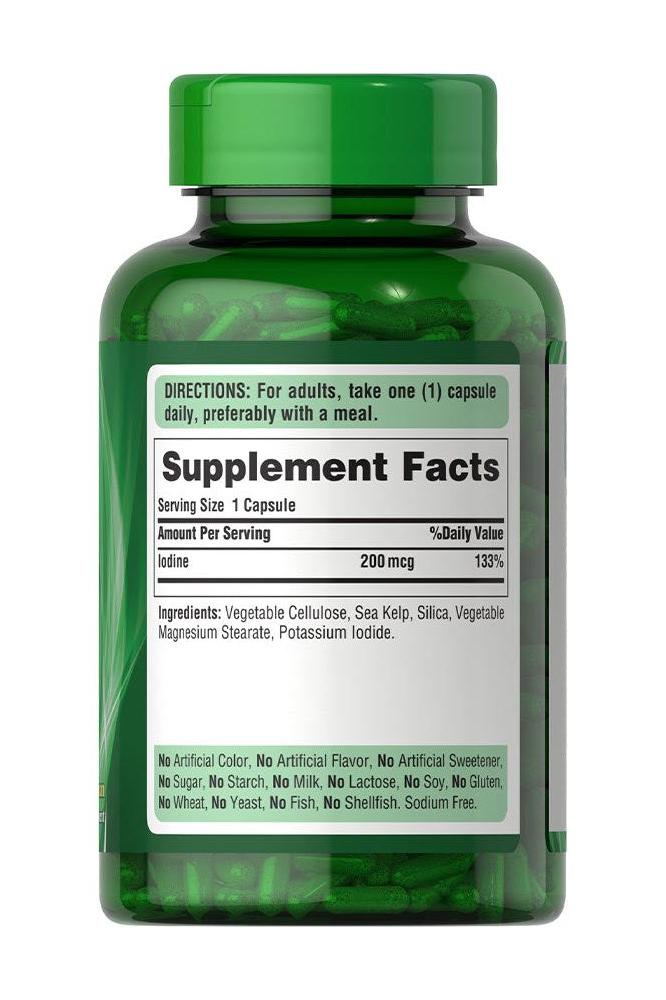 Puritan's Pride Sea Kelp 200 mcg supplement bottle with nutritional facts and dosage instructions.