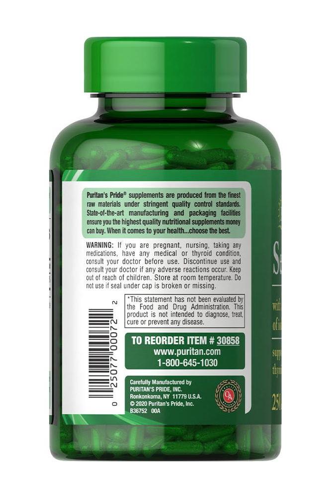 Puritan's Pride Sea Kelp 200 mcg bottle with 250 capsules, highlighting essential jod source and natural ingredients.