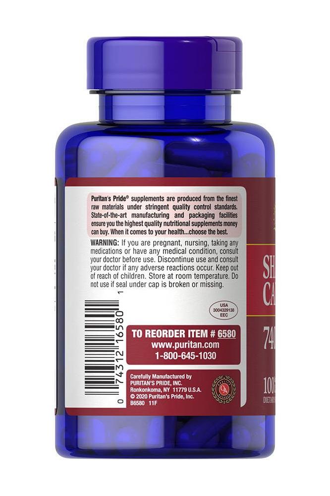 Puritan's Pride Shark Cartilage 740 mg supplement bottle, 100 capsules for joint health support.