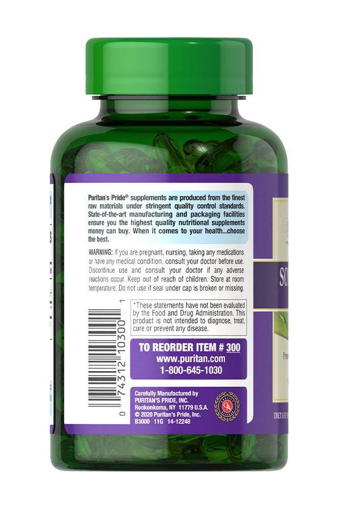 Puritan's Pride Soy Lecithin 1200 mg softgels bottle, featuring natural ingredients and health benefits.