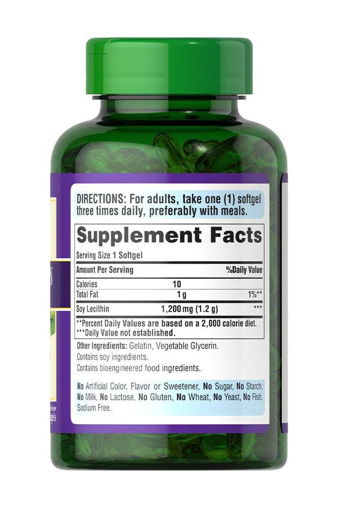 Puritan's Pride Soy Lecithin 1200 mg softgel supplement facts and dosage instructions.