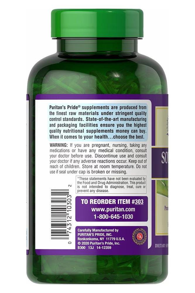 Puritan's Pride Soy Lecithin 250 Softgels bottle showing ingredient details and quality standards.