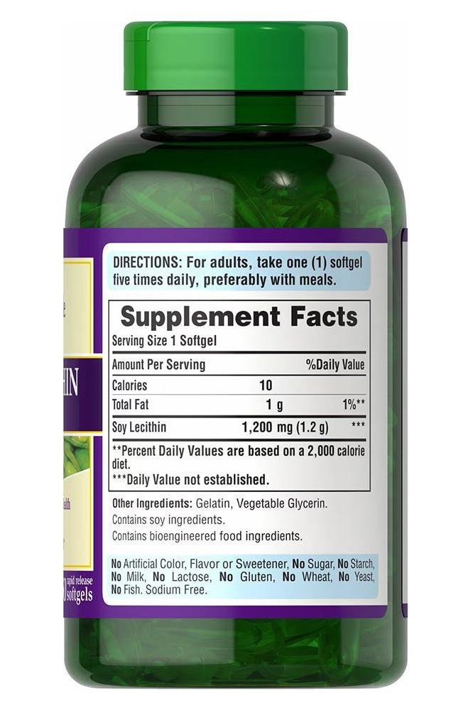 Puritan's Pride Soy Lecithin softgels bottle with supplement facts label showcasing serving size and nutrients.