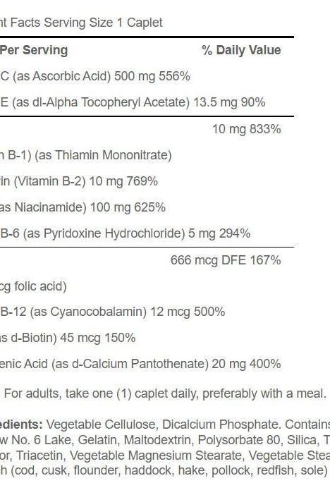 Nutritional facts for Puritan's Pride Stress Formula, highlighting vitamins and minerals in 1 caplet serving.