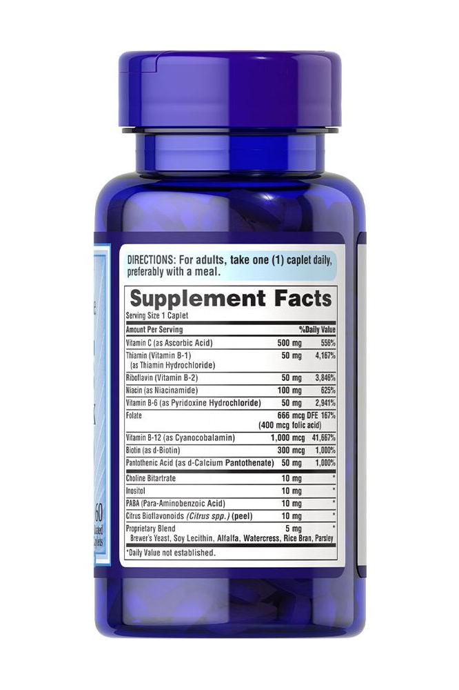 Puritan's Pride Stress Vitamin B-Complex with Vitamin C-500, 60 coated caplets, supplement facts label on blue bottle.