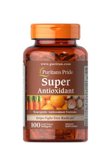 Puritan's Pride Super Antioxidant Formula bottle with 100 softgels, supports immune health and fight free radicals.