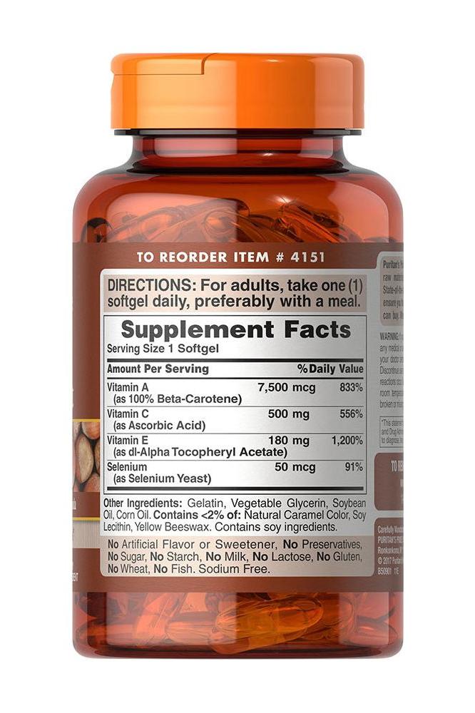 Puritan's Pride Super Antioxidant Formula supplement facts label with vitamin A, C, E, and selenium details.