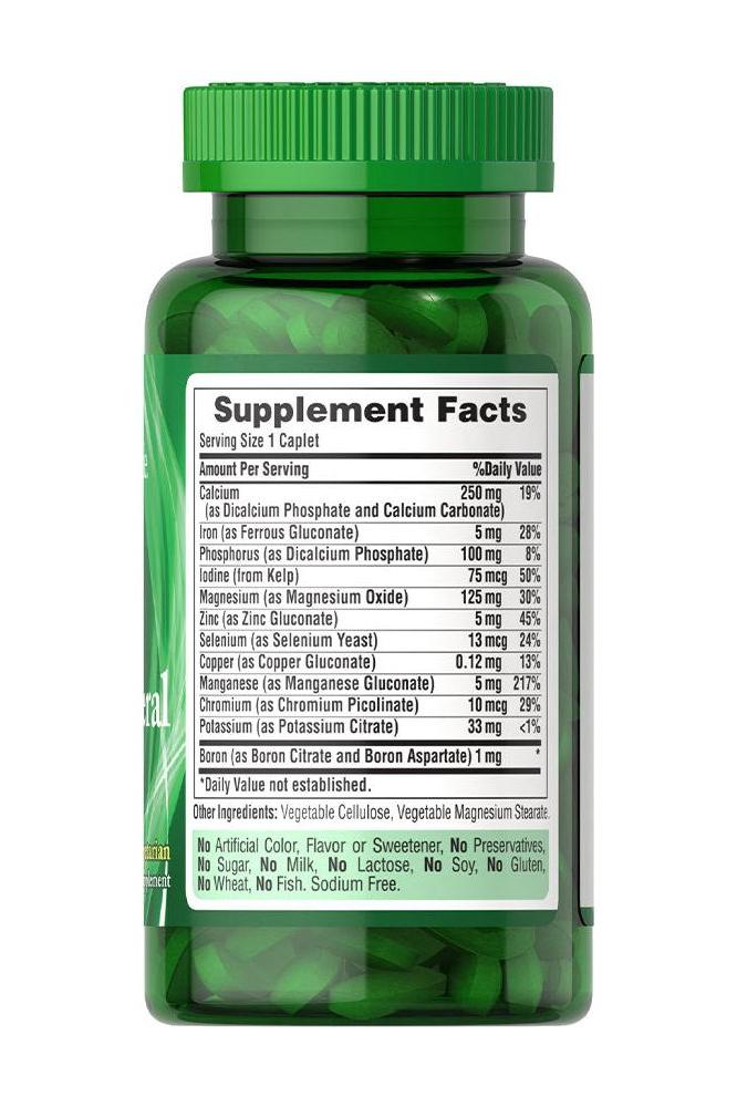 Puritan's Pride Super Chelated Multi Mineral supplement facts label on a green bottle.