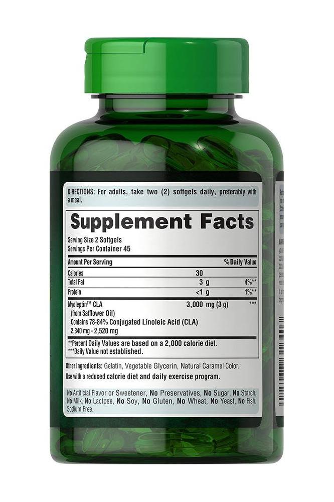Puritan's Pride Myo-Leptin CLA 1500 mg supplement facts label on green bottle with dosage instructions.