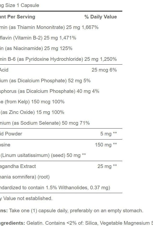 Supplement facts for Puritan's Pride Thyroid Action capsules, detailing ingredients and daily values.
