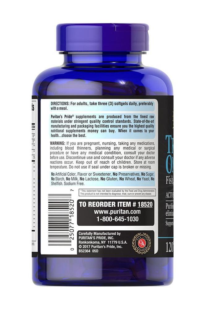 Puritan's Pride Triple Omega 3-6-9 fish oil supplement bottle with usage directions and nutritional information.