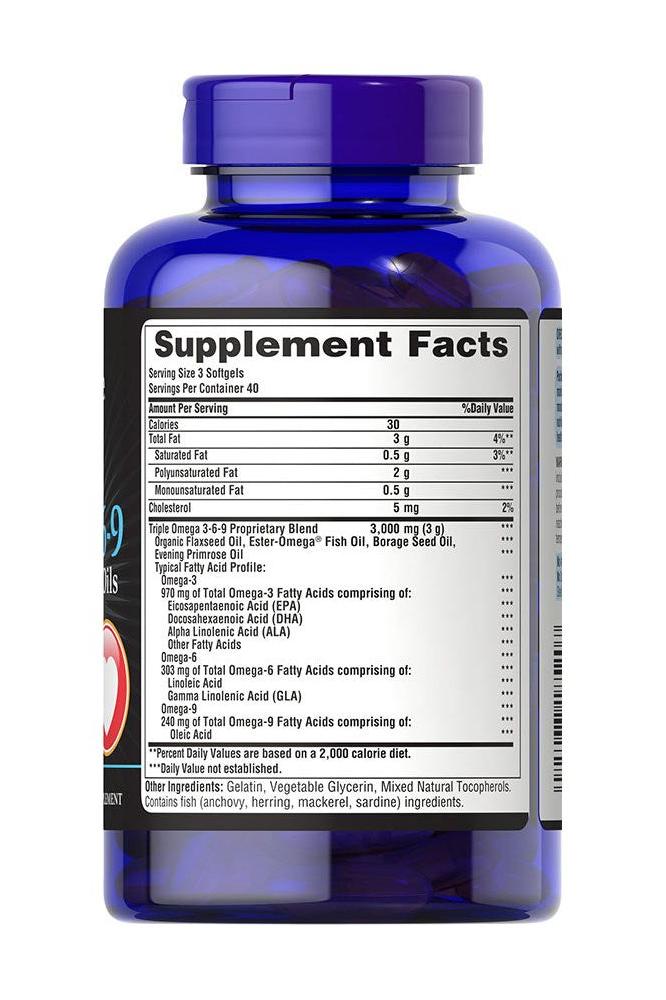 Supplement facts label of Puritan's Pride Triple Omega 3-6-9 softgels, highlighting key ingredients and nutritional information.